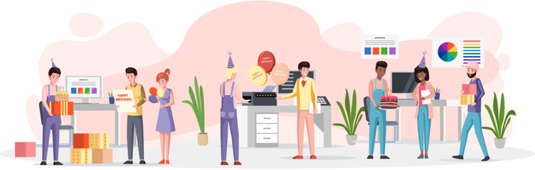Birthday party in office flat vector illustration. Workers organize holiday, congratulate boss. Interaction, entertainment at workplace. Business team celebrate giving gifts and cake to colleague