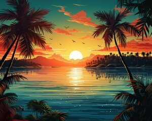In the foreground, a painting displays a sunset, palm trees, boats, and a distant island. (Generative AI)