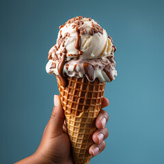 Ice cream scoop on waffle cone  Many assorted different flavour, AI Generated - obrazy, fototapety, plakaty