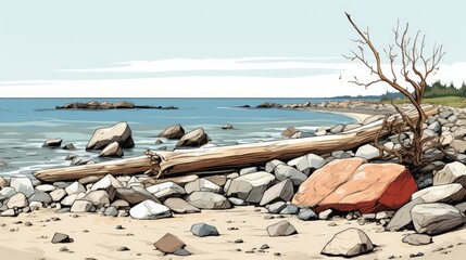 Driftwood rests on beach, framed by background rocks. (Generative AI)
