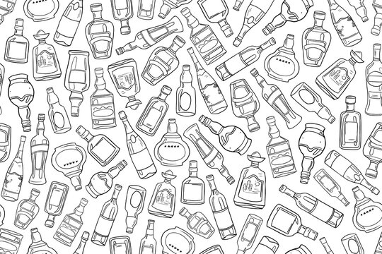 Seamless pattern of alcohol bottles in doodle style. Alcohol drinks. Great for bar menu, drink menu, banner, print. Vector illustration EPS10. Isolated on blue background