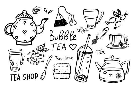 Cute set of tea theme elements. Hand drawn. Vector illustration EPS10 in doodle style. Isolated on white background