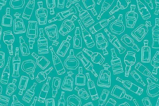 Trendy seamless pattern of alcohol bottles. Alcohol drinks. Great for bar menu, drink menu, banner, print. Doodle style. Vector illustration EPS10. Isolated on blue background