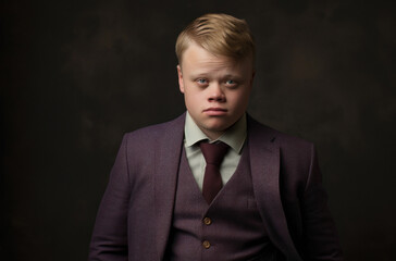 Portrait of a young student boy with Down syndrome in an elegant suit against a professional background in a photo s