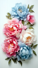 Arrangement of colorful beautiful peonies and foliage on a white background