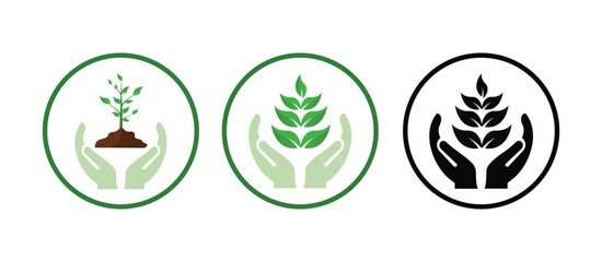 eco friendly icon set. plant leaves in hand. ecology and save environment symbol. vector illustration in flat style