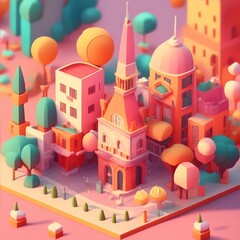3D of the city in a funny style, realism pixel illustration