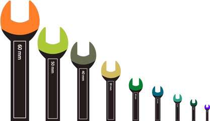 Set of open spanner flat design from bigger size to smaller size isolated on white background