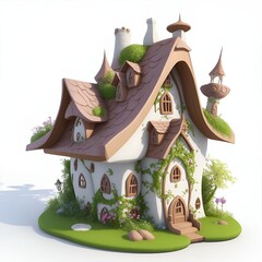 fantastic 3D house with a brown roof on white background generated ai