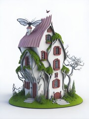 big fantastic 3D house with a pink roof on white background generated ai