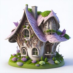 fantastic 3D fairy house with a pink roof on white background generated ai