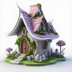 fantastic 3D house with a pink roof on white background generated ai