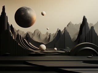 Futuristic mountains in black and white colors, abstract geometric natural landscape scene.  visualization AI
