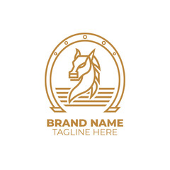 a horse head is shown in the background and there is a circle logo