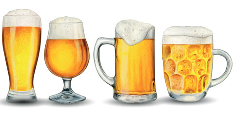 Fototapeta premium Watercolor hand drawn realistic glasses of beer