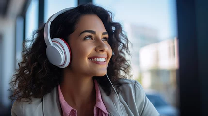 Foto op Plexiglas Young girl wearing headphones enjoying music. © MP Studio