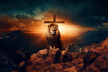 Double exposure lion on the top of the mountain and cross - obrazy, fototapety, plakaty