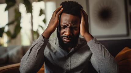 Man sits on the couch at home and suffers from a headache.