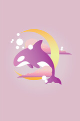 A mesmerizing vector illustration of an orca gracefully swimming among pink clouds and a crescent moon, evoking a dreamlike and magical scene