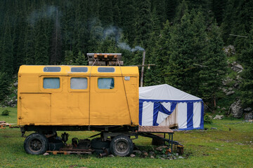 Camp in Ala kul valley. Yurts are traditional national buildings of local residents, ala-kul lake Terskey Alatau mountain range, Kyrgyzstan, Central Asia.