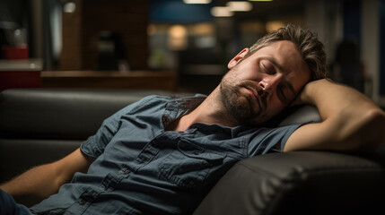 Obraz premium Man tired from work sleeps at his sofa at home.
