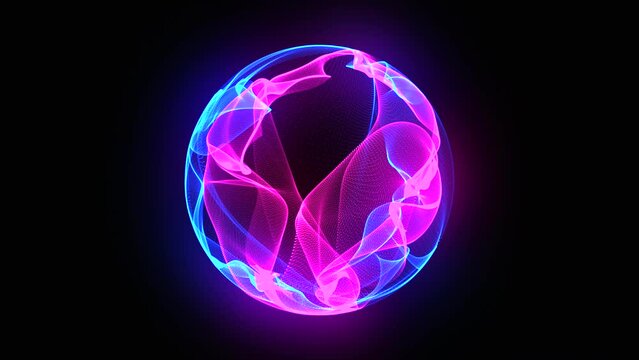Glowing rotating particle neon 3d sphere in the Universe.  Virtual assistant animation. Energy orb. Technology, science, engineering and artificial intelligence background. Pink and blue. 4k loop.