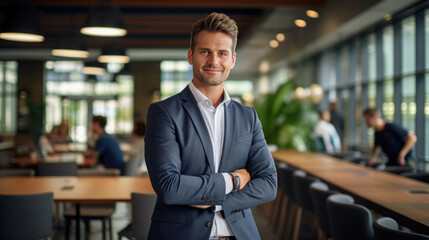 Fototapeta premium Serious and confident businessman stands in a suit against the backdrop of a modern office.