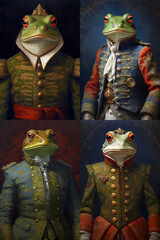 Simulation of a classic oil painting of a frog in military clothing renaissance style