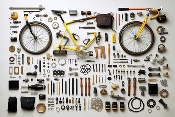 Collection of bike equipment and pieces on a white background dismounted