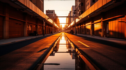 Sunset in a big city with a low angle photo with orange colors in water