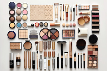 Collection of makeup tools on a white background organized realistic stuff
