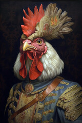 Simulation of a classic oil painting of a rooster wearing military clothing in renaissance style