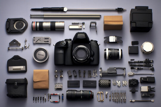 Collection of photography tools on a white background organized