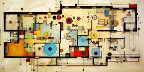 AI Generated. AI Generative. Abstract  geometric floor plan design architecture top view pattern background graphic art. Watercolor ink poster - obrazy, fototapety, plakaty