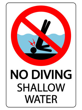 No diving, shallow water. Ban sign with pictogram of person banging his head on the seabed. Text below
