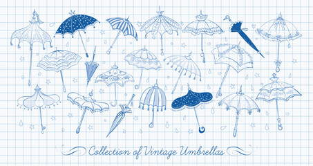 Collection of doodle vintage umbrellas on lined paper background. Vector blue pen sketch illustration. © elinacious