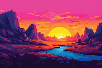 illustration of sunset in the mountains with river