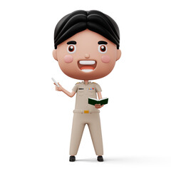 Happy thai teacher wearing civil servant uniform holding a white chalk and a book, 3d rendering