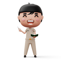 Happy thai teacher wearing civil servant uniform holding a white chalk and a book, 3d rendering