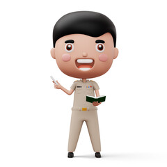 Happy thai teacher wearing civil servant uniform holding a white chalk and a book, 3d rendering