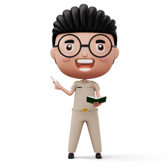 Happy thai teacher wearing civil servant uniform holding a white chalk and a book, 3d rendering