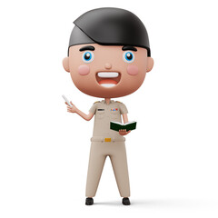 Happy thai teacher wearing civil servant uniform holding a white chalk and a book, 3d rendering