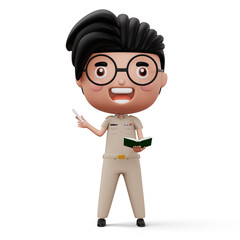 Happy thai teacher wearing civil servant uniform holding a white chalk and a book, 3d rendering