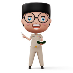 Happy thai teacher wearing civil servant uniform holding a white chalk and a book, 3d rendering