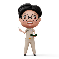 Happy thai teacher wearing civil servant uniform holding a white chalk and a book, 3d rendering