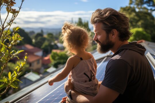 A father who holds his little daughter in his arms and shows at their home where solar panels are installed. alternative energy saving resources and the concept of sustainable living