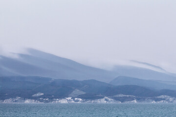 mountains in the fog