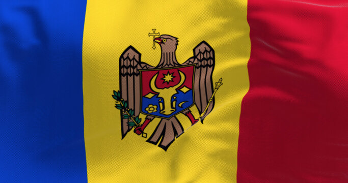 Close-up view of the Moldova national flag waving in the wind