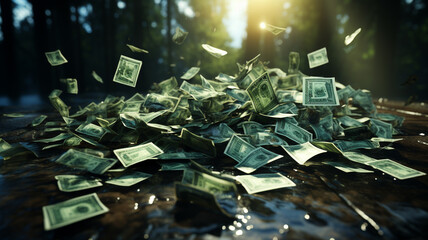 falling dollar bills flying in dark air.generative ai