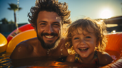 happy father and son in swimming pool.generative ai